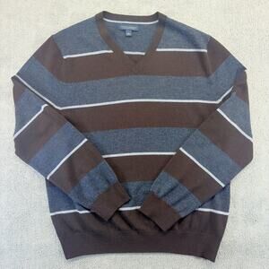 Banana Republic V-Neck Sweater Men's Large Brown Striped Extra Fine Merino Wool